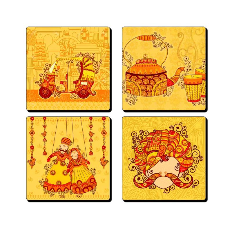 Set of 4 Printed Wooden Coaster for Tea Cups, Coffee Mugs, Glasses and Bottles | Home and Kitchen, Office Table Decor | Dining Table Decor Accessories (Rajasthani Culture Coaster)